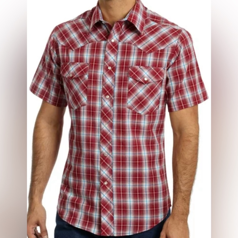 Wrangler Men's Short Sleeve Pearl Snap Plaid Western Shirt Red Size Medium